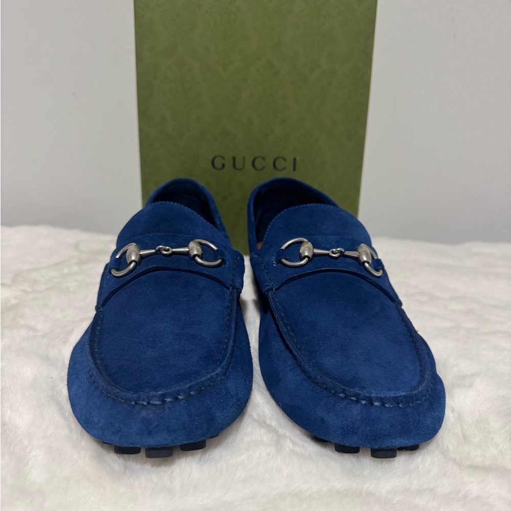 Gucci Navy Suede Horsebit Driving Loafers - Picture 2 of 7
